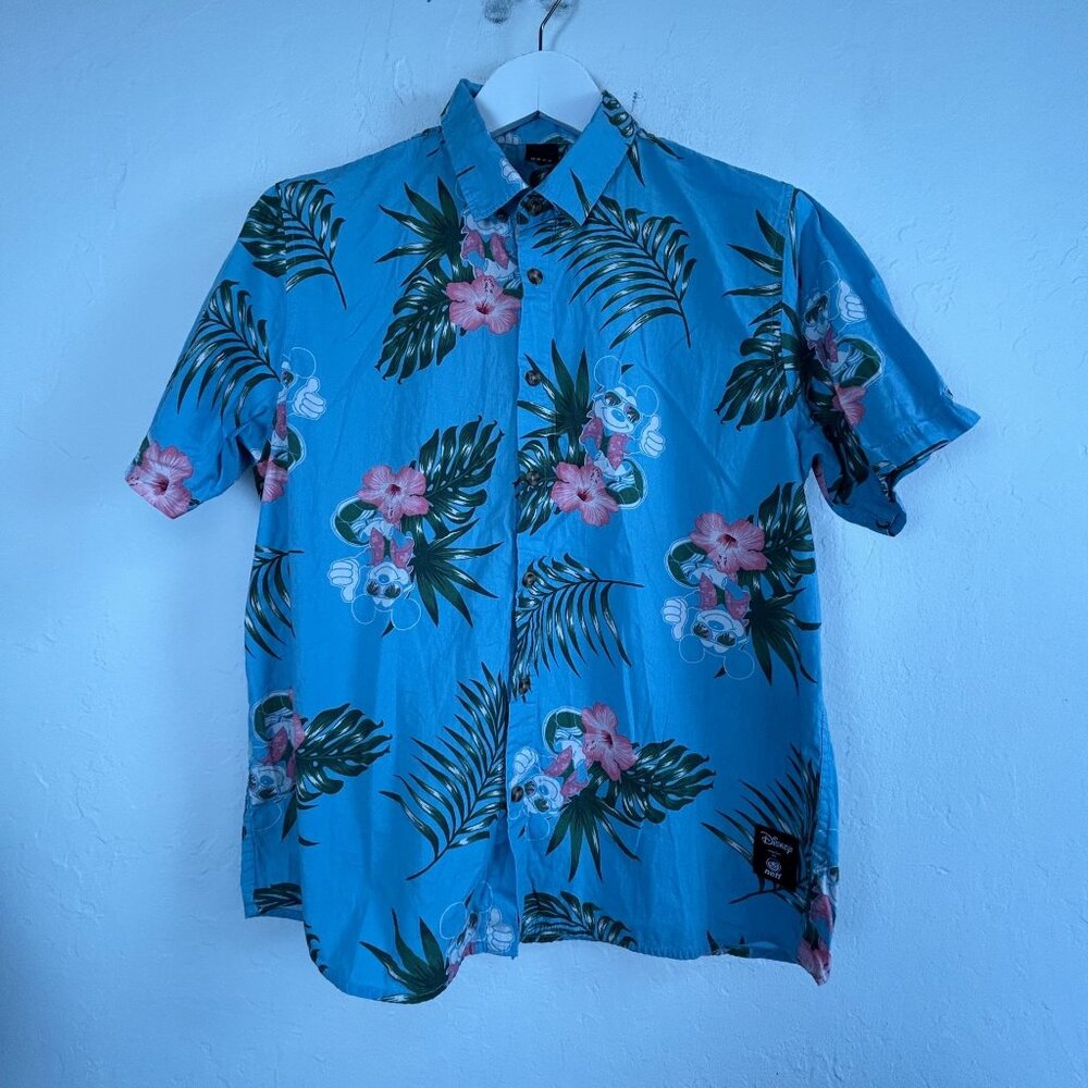 Neff Disney Hawaiian Shirt Mens Medium Blue Mickey Mouse Floral Button Up Camp